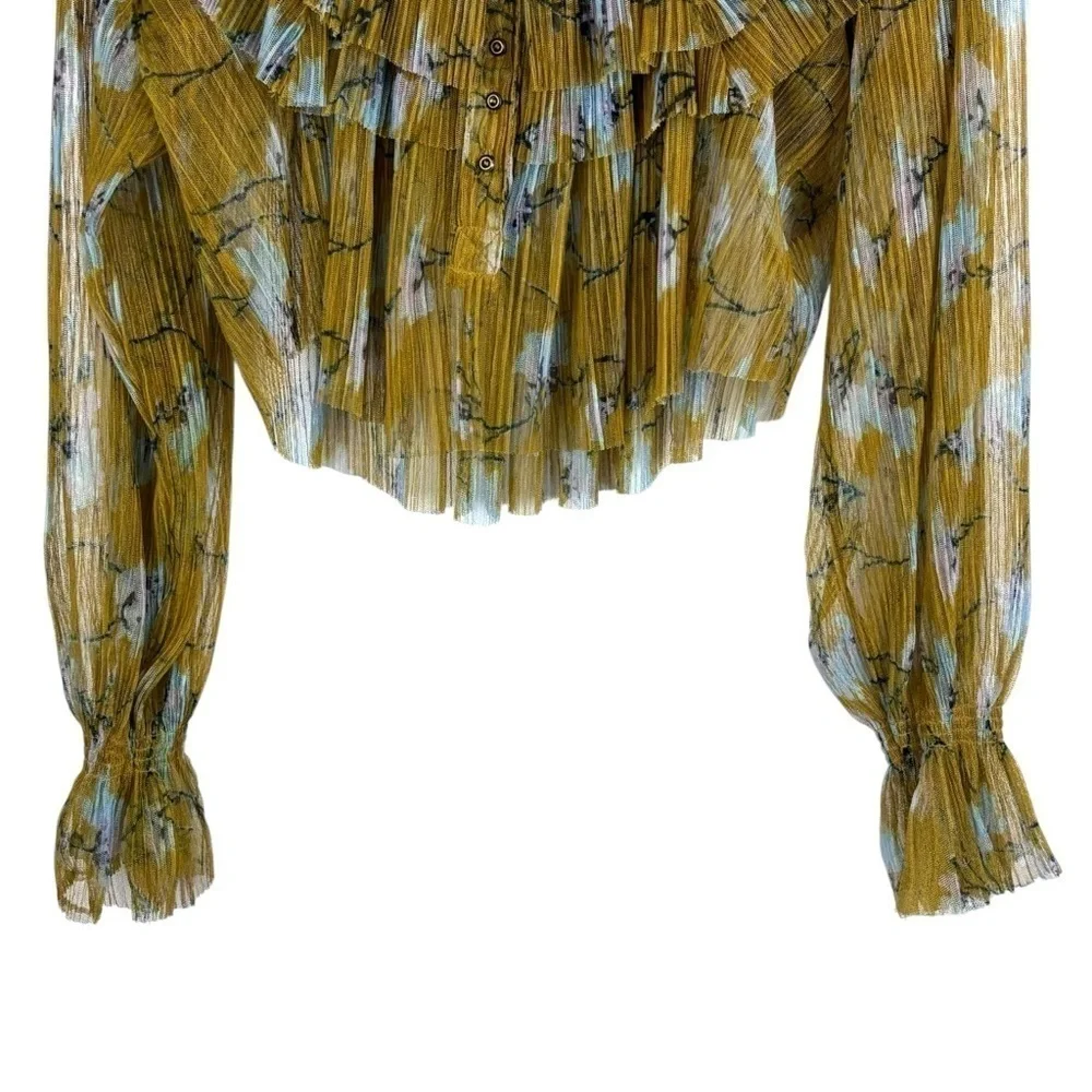 FREE PEOPLE FRILLS AND THRILLS RUFFLED TIERED SHEER FLORAL LONG SLEEVE CROP TOP